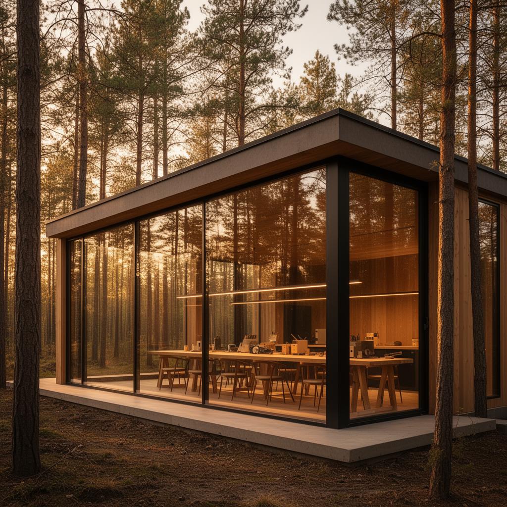 A modern lodge with floor-to-ceiling glass in a pine forest at dusk